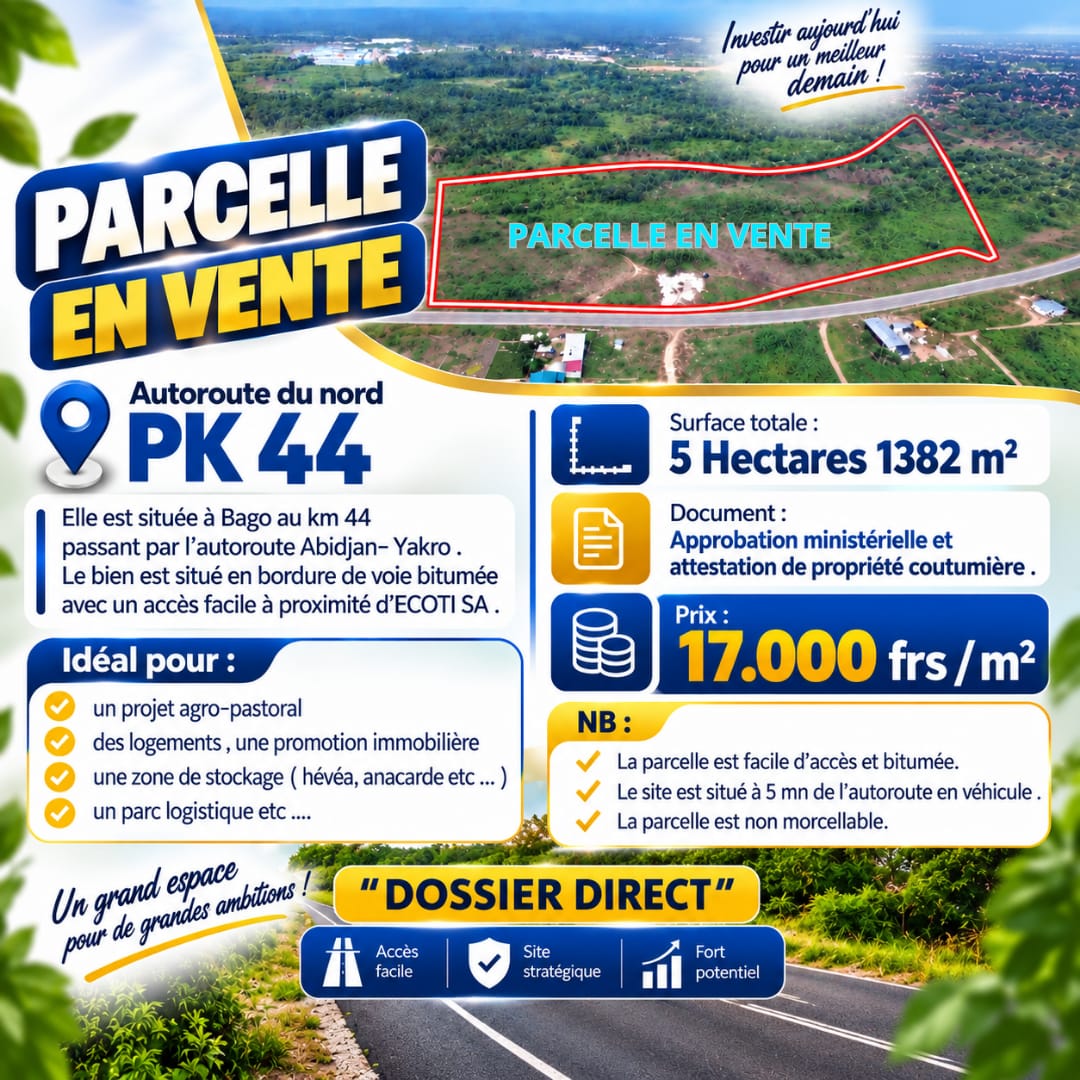 PARCELLE EN VENTE – PK 44, AUTOROUTE DU NORD